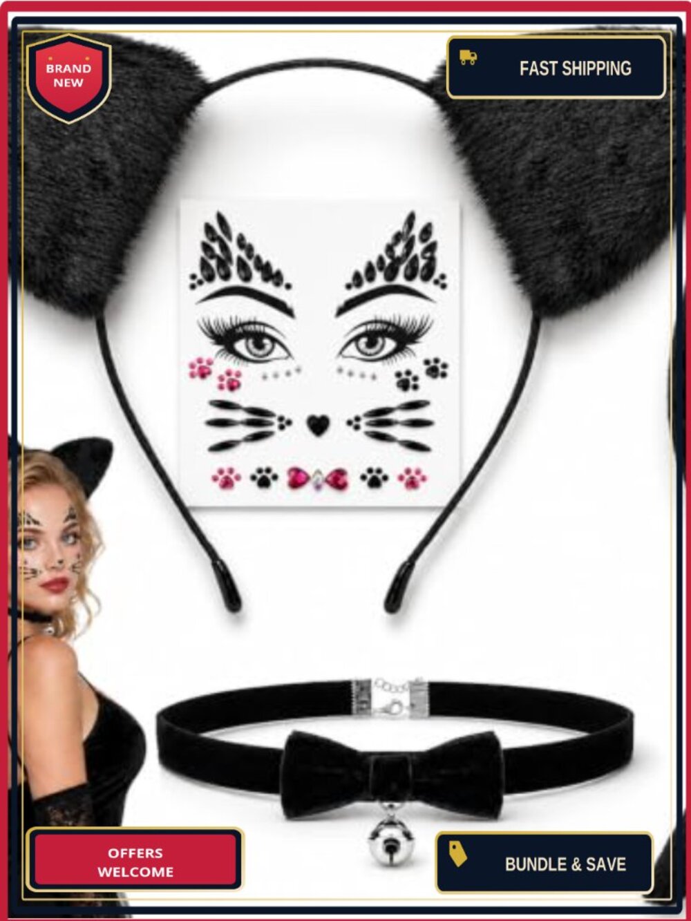 Black Cat Costume Set Ears Headband Tail Choker Face Stickers Adult Halloween